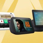 Various Echo Show devices from Amazon are displayed against a yellow background.