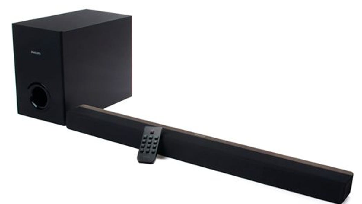 The Philips CSS2123/F7B sound bar comes with a subwoofer, which will vastly improve the quality of your TV audio.