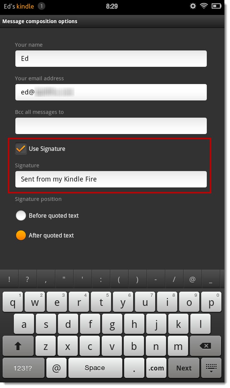 Kindle Fire e-mail signature options