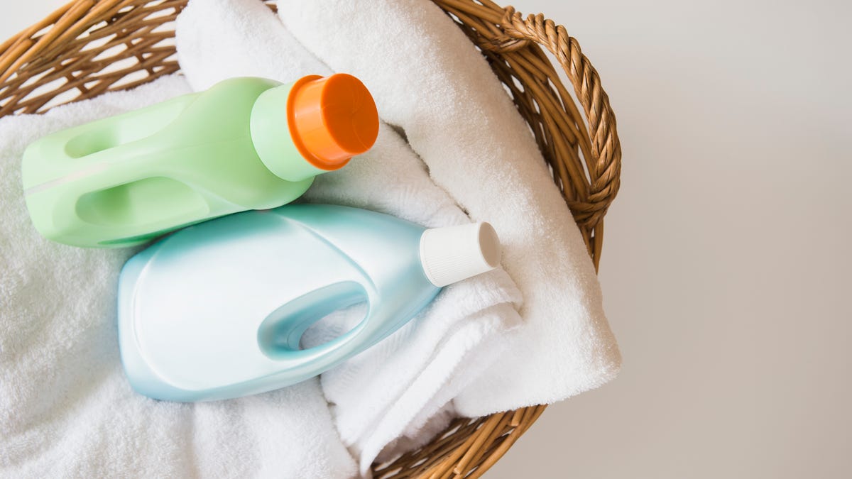 laundry in basket with detergent