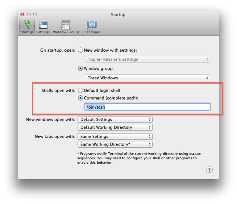 Terminal shell settings in OS X