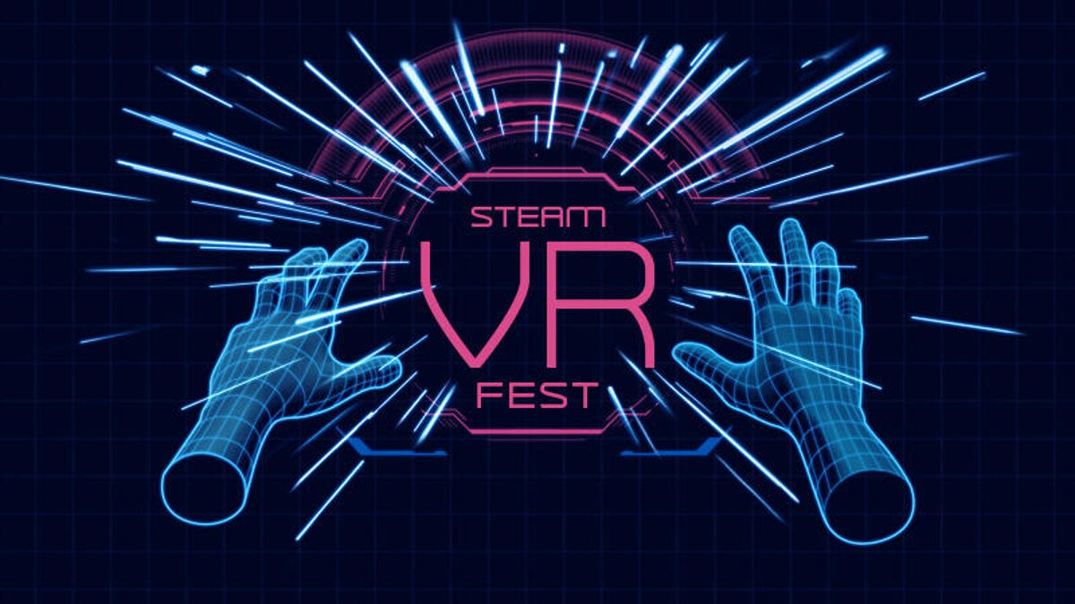 Virtual hands reaching for the words VR Fest