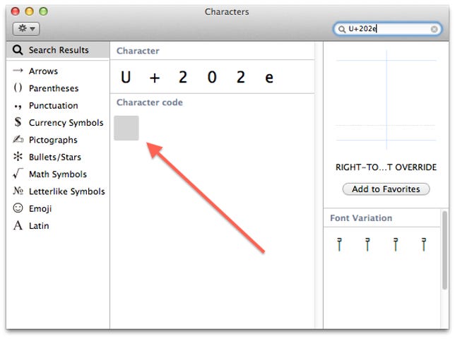 Unicode U+202e character in OS X