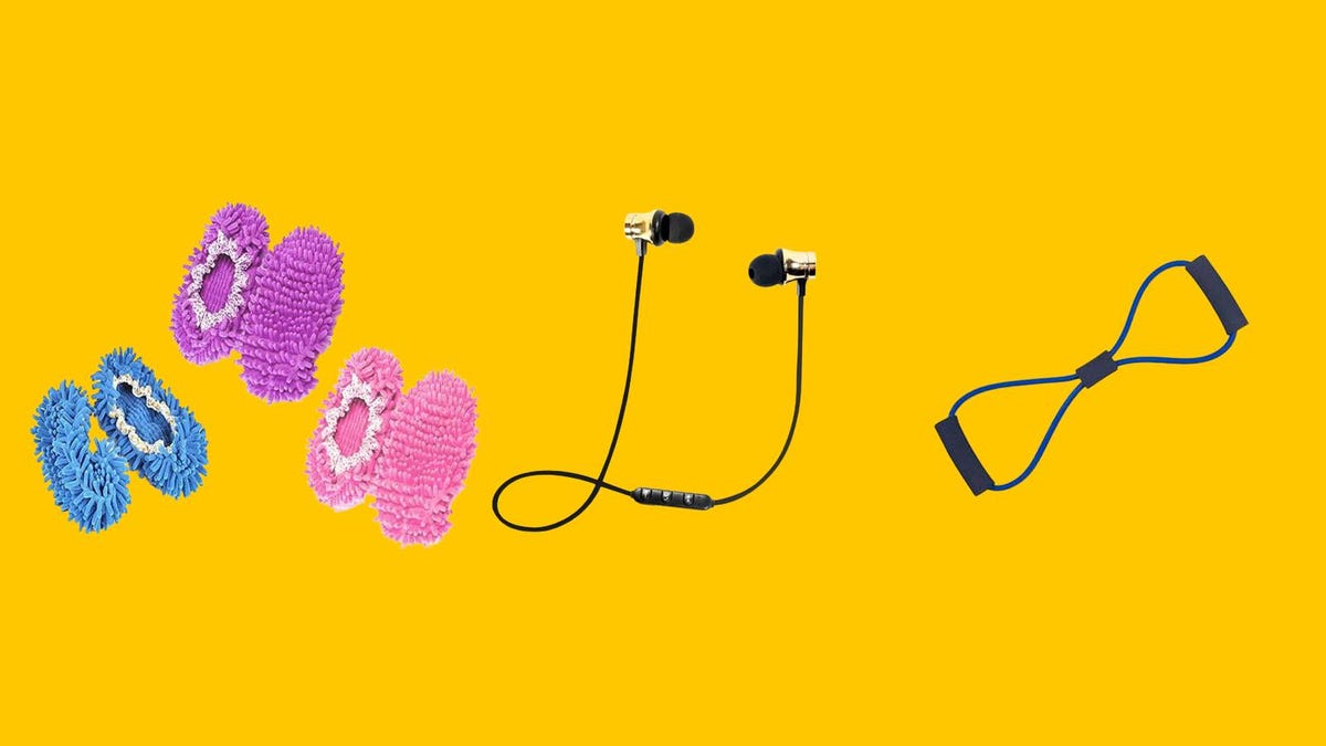 Lazy Maid Quick-Mop slippers, wireless Bluetooth earphones and resistance elastic pull ropes from StackSocial are displayed against a yellow background.