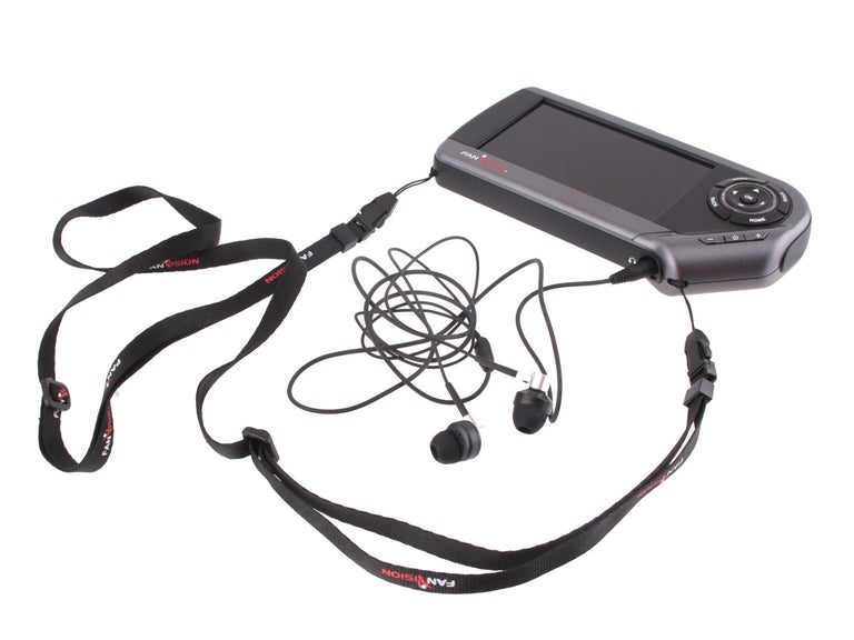 FanVision device: earbuds and lanyard included.
