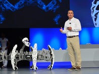 Intel CEO Brian Krzanich shows off a robotic spider equipped with the company's RealSense depth cameras that allow it to perceive environments.