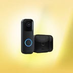 A Blink Video Doorbell and two Blink Outdoor cameras against a yellow background.