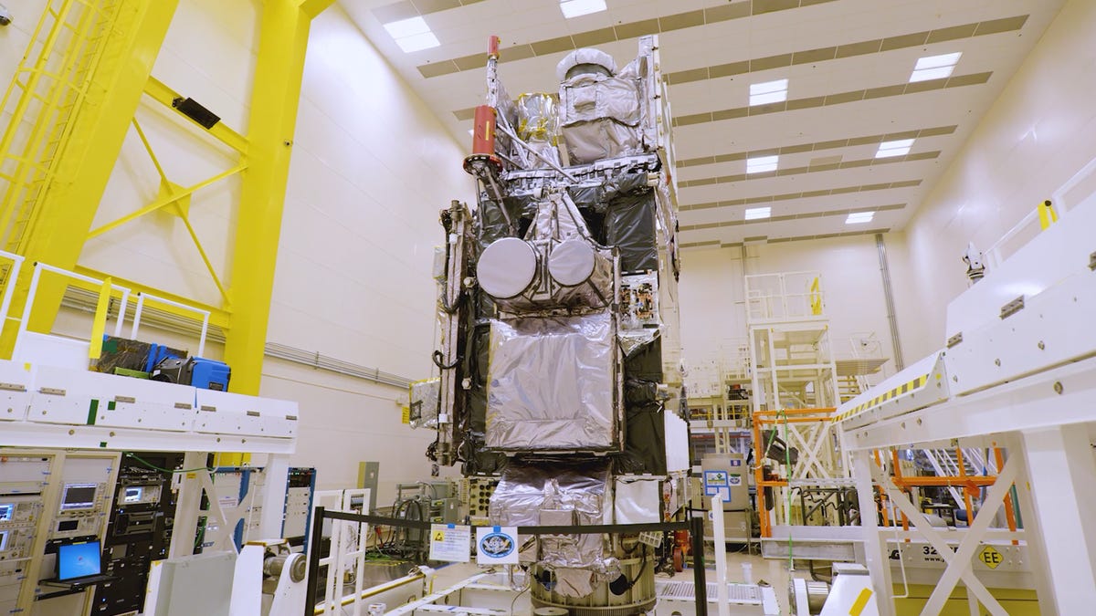 The GOES-T satellite inside the clean room at Lockheed Martin Space headquarters.