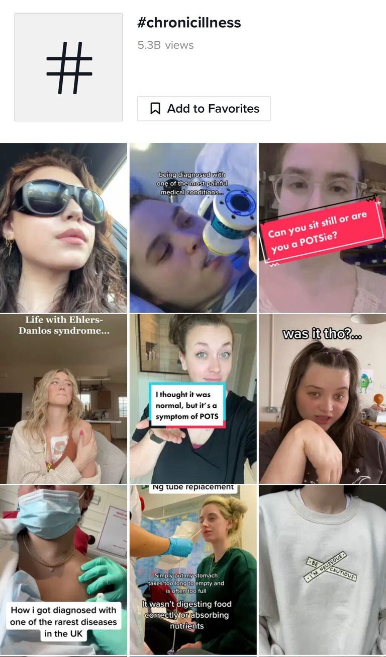 Screenshot of videos under the hashtag chronic illness on TikTok