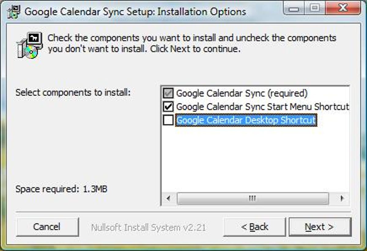 Google Calendar Sync installer shortcut options