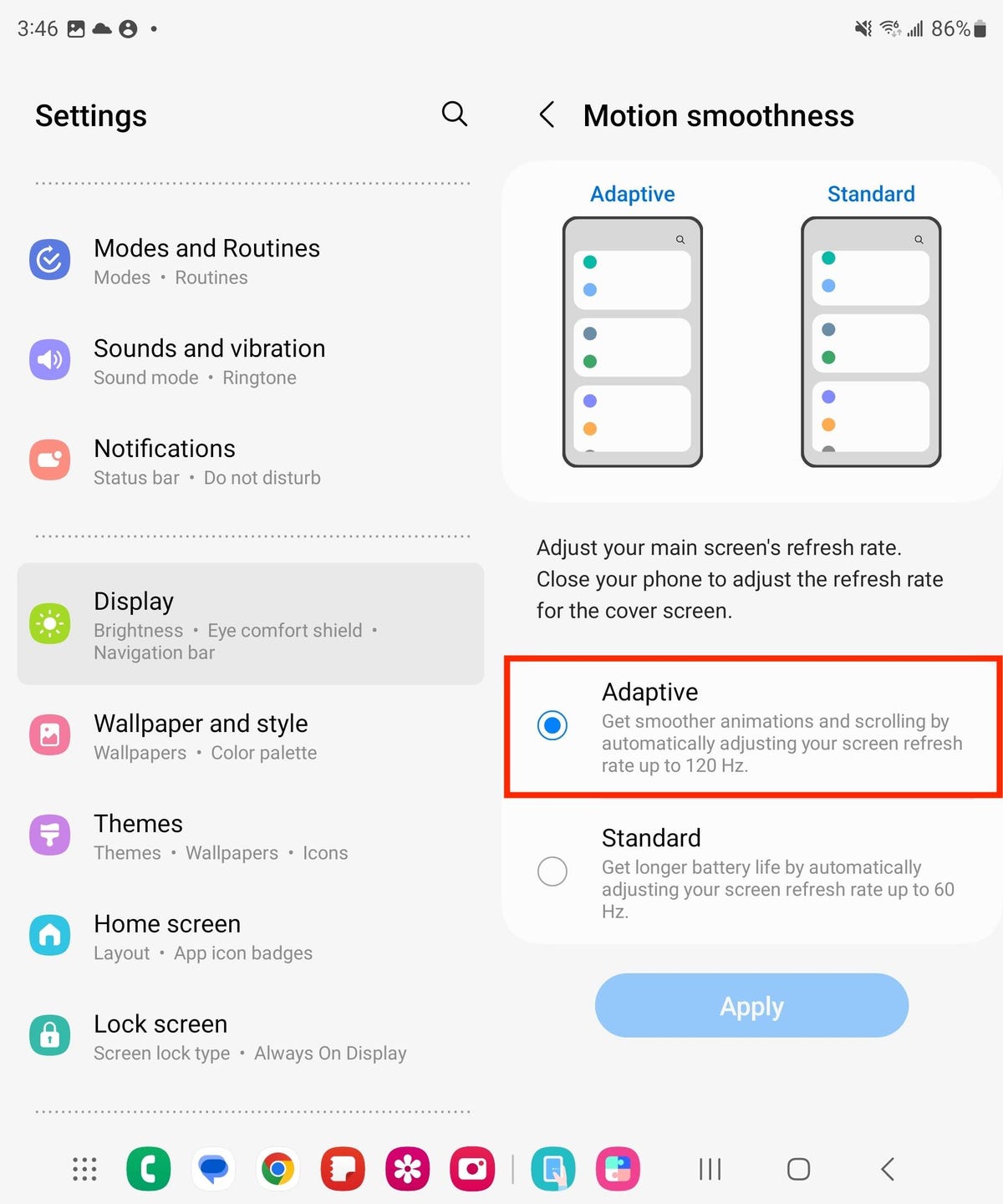 Settings to adjust motion smoothness on the Z Fold 5