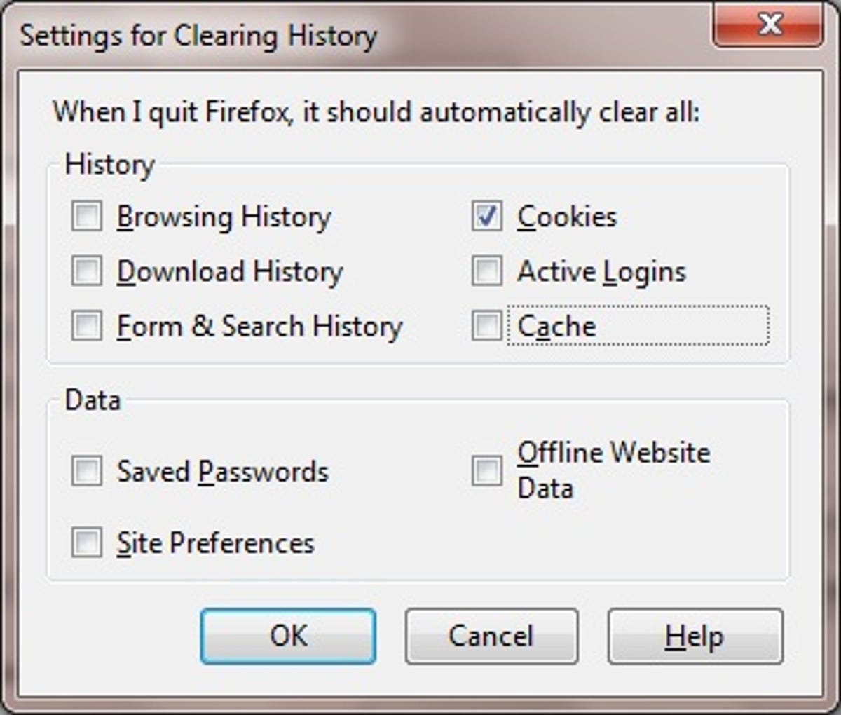 Mozilla Firefox Settings for Clearning History dialog box