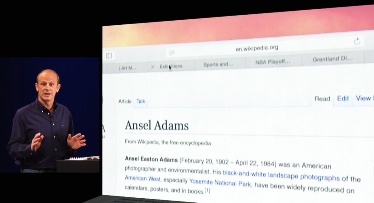 In this demo at WWDC, the next Safari hid the full address of the Ansel Adams Wikipedia page.