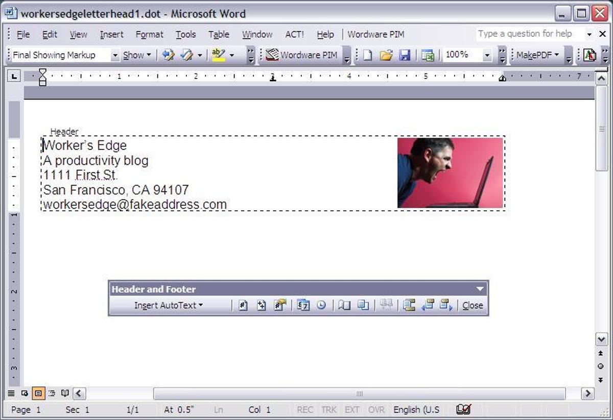 The header for a simple letterhead template in Microsoft Word 2003