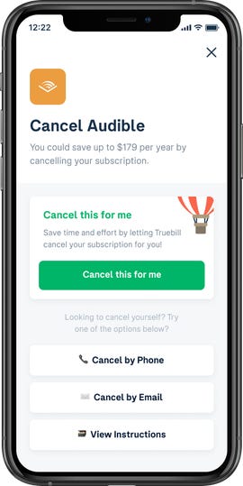 Canceling Audible on a phone via Truebill