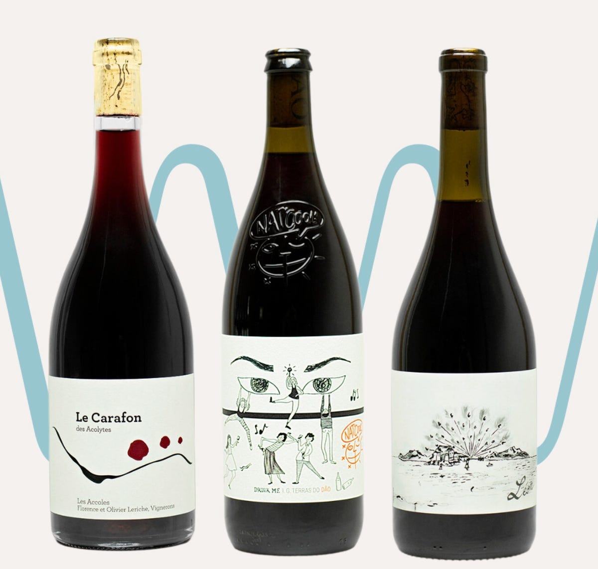 three bottles of natural red wine