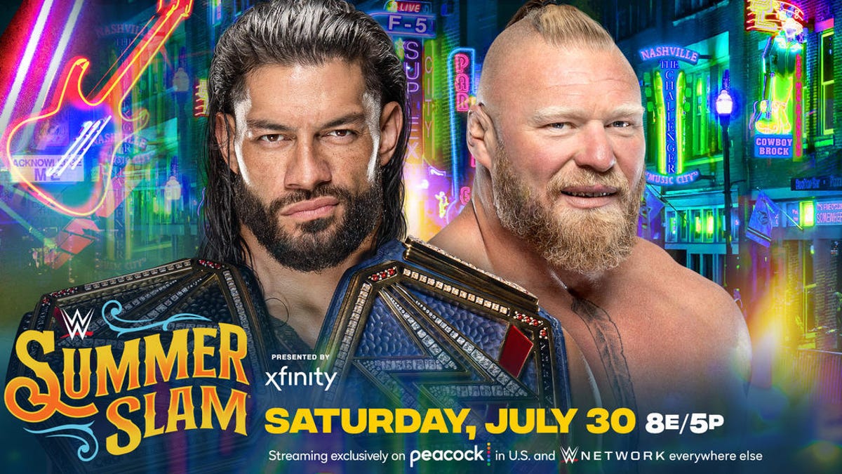 A promo image for Roman Reigns vs. Brock Lesnar