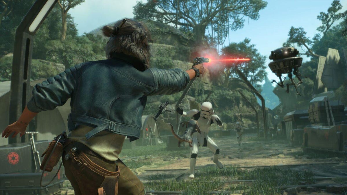 A woman in roguish attire shoots a blaster pistol at pursuing Imperial forces while her animal sidekick attacks a stormtrooper.