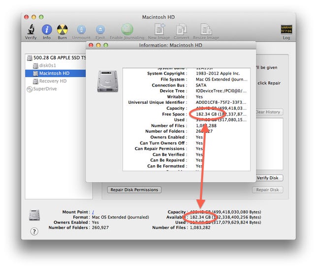 Disk Utility disk space available calculation