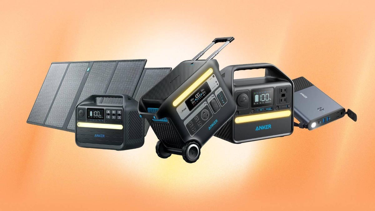 Various Anker power stations (and accessories) are displayed against an orange background.