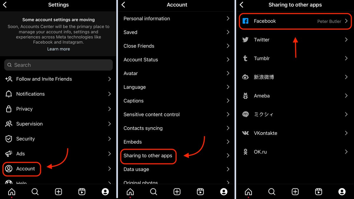 screenshots of Instagram's settings menu showing how to select Account, Sharing with other apps, and Facebook settings