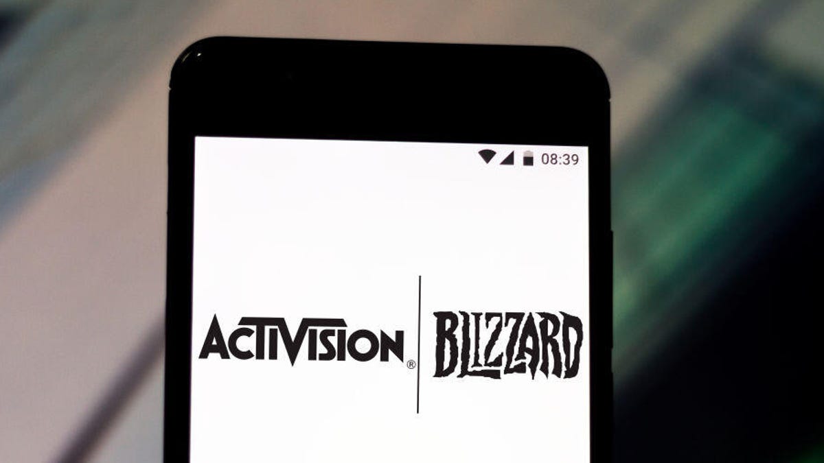 Activision Blizzard logos on a phone screen