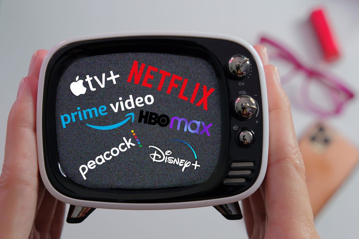 A small TV with logos of various streaming services