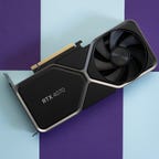 The RTX 4070 FE viewed from above, logo side up, angled up to your right, on a purple and light blue background