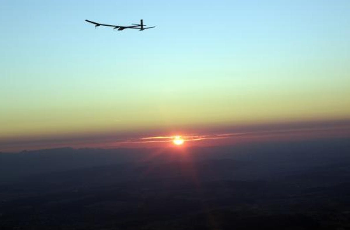 As the sun set, the Solar Impulse stayed in the sky, powered solely by its charged batteries.
