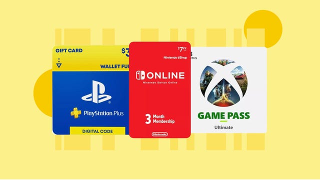 Game subscription cards for PlayStation Plus, Nintendo Switch Online and Xbox Game Pass Ultimate are displayed against a yellow background.