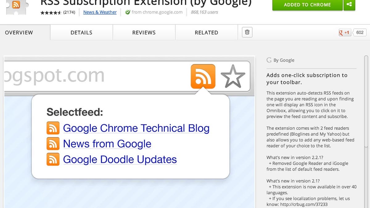 Google's RSS extension is back in the Chrome Web Store, minus its ability to hand off feed-reading duties to Google Reader.