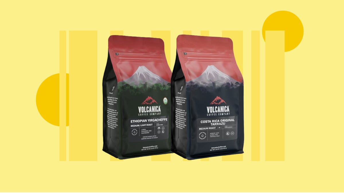 The Costa Rica Original Tarrazu and Ethiopian Yirgacheffe coffee packs from Volcanica Coffee are displayed against a yellow background.