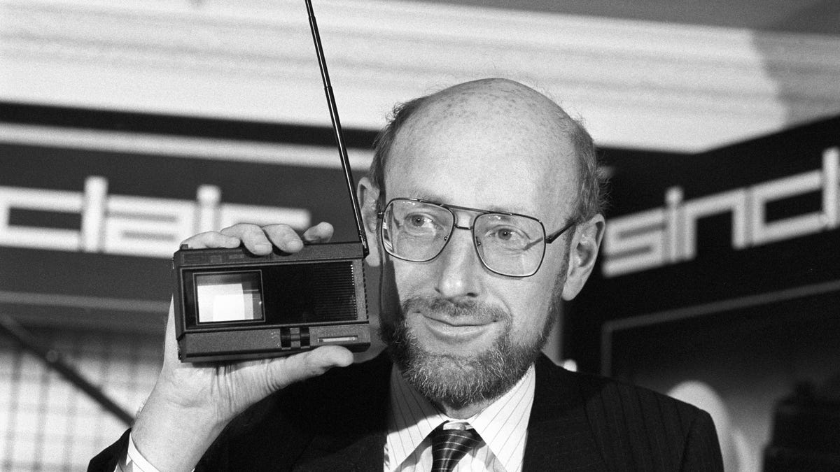 Clive Sinclair, founder and chairman of Sinclair Research, at the launch of the Sinclair 2-inch pocket television