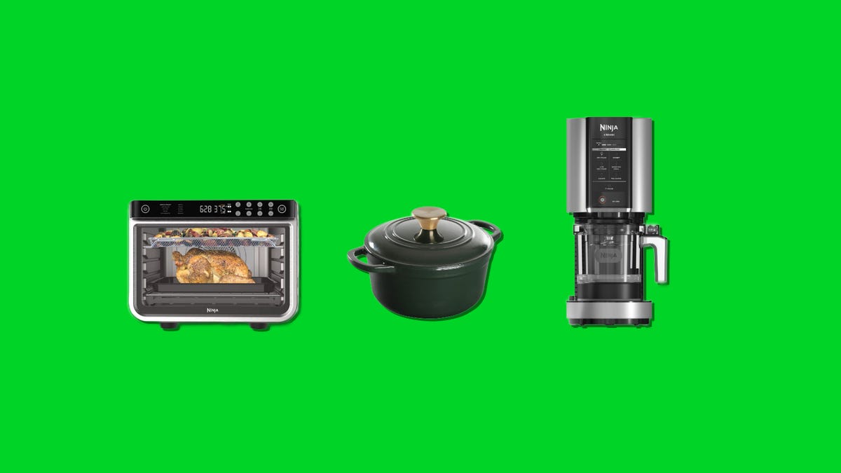 An oven, pot and ice cream maker on a green background