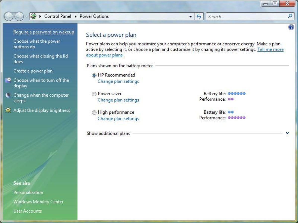 Windows Vista's Power Options dialog box