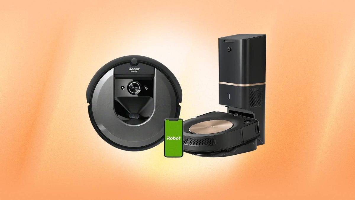 iRobot Roomba i7 and s9 Plus robot vacuums are displayed against an orange background.