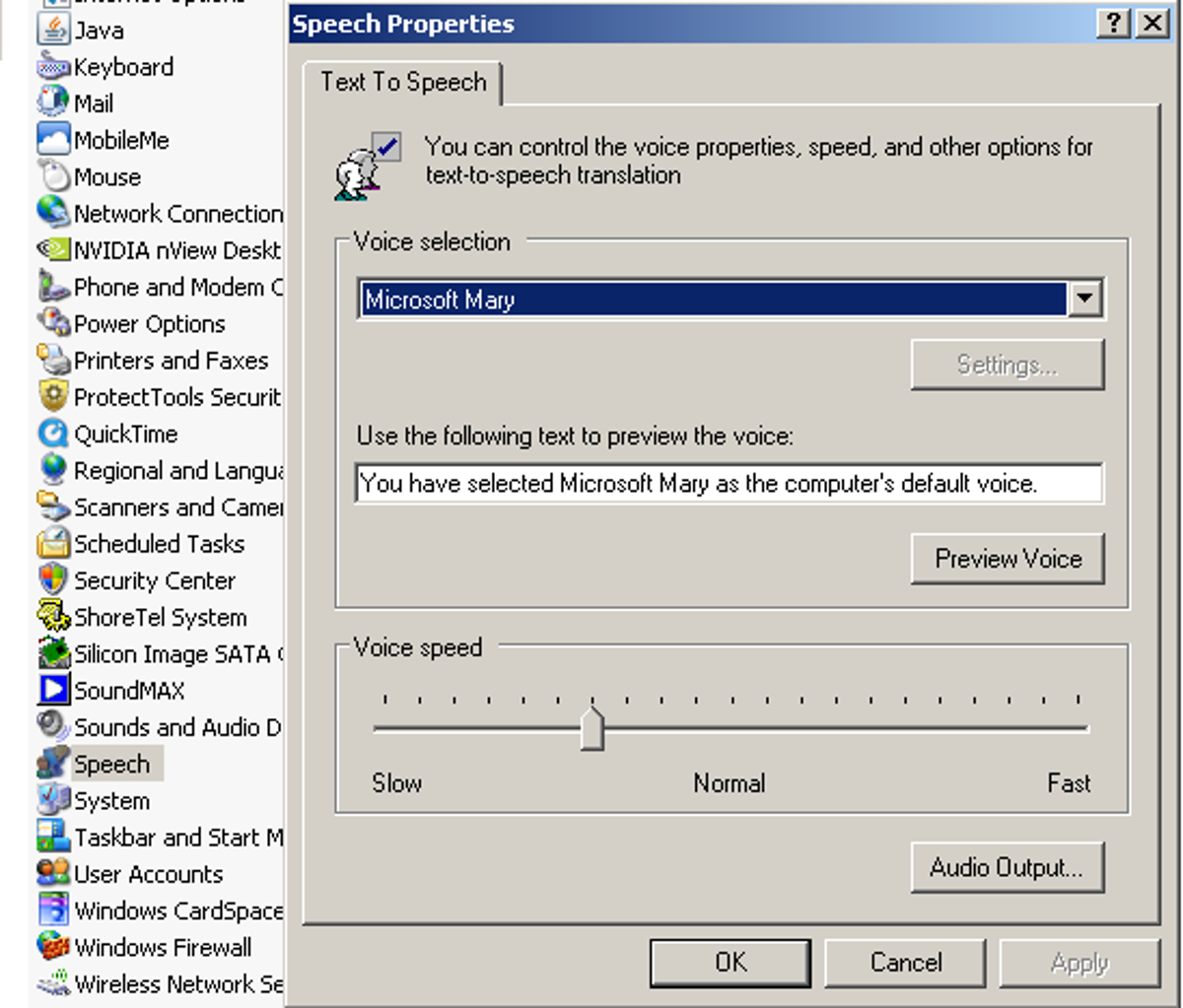 Image of the Speech properties window found in the Windows XP operating system.