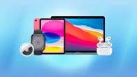 Apple sale graphic featuring AirTag, Apple Watch, iPad, MacBook Air and AirPods Pro