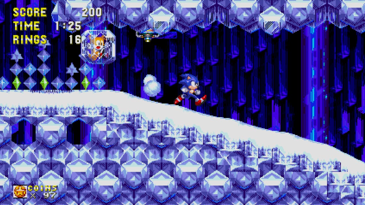 Sonic the Hedgehog running through an icy cave in Sonic 3