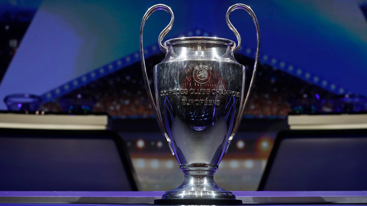 Front on image of the UEFA Champions League trophy.