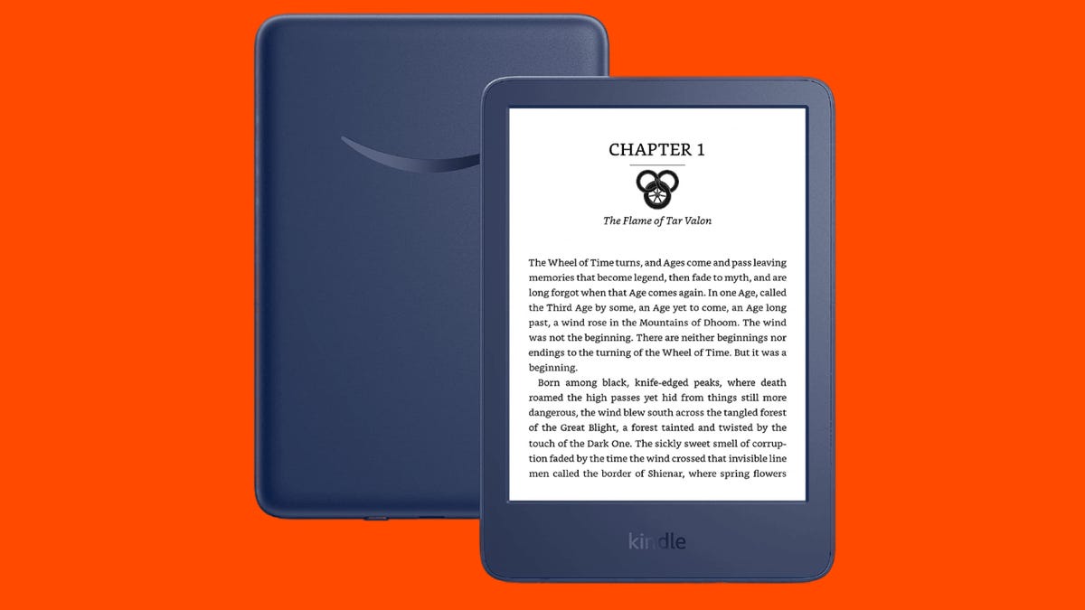 Kindle 2022 e-reader in denim blue, shown front and back with a red background