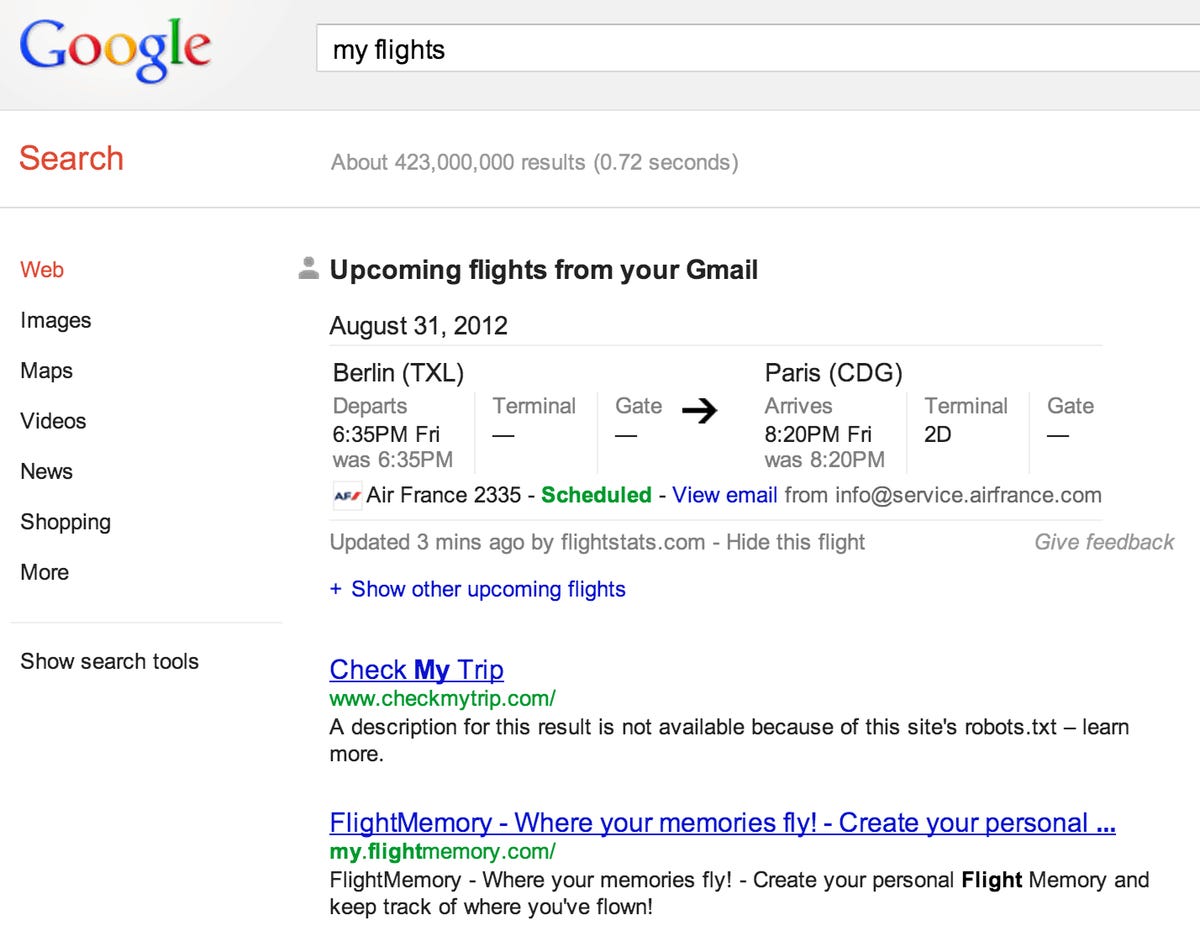 Clicking on a "my flights" reminder that can appear in Google search, based on e-mail you've received from airlines through Gmail, leads to a more detailed status display.