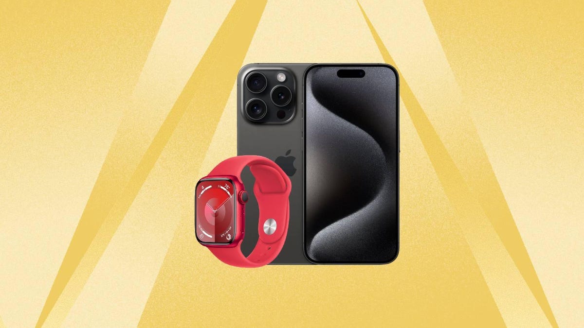 A gray iPhone 15 and a red Apple Watch Series 9 against a yellow background.