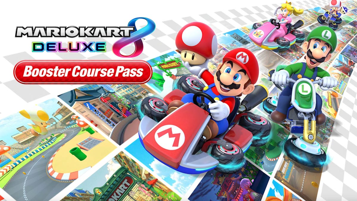 A promotional Mario Kart image showing Mario, Toad, Luigi and other racers