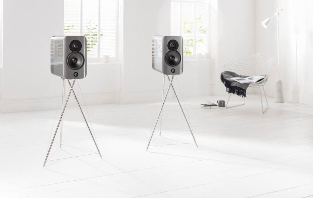 Q Acoustics Concept 300 speakers stand on spindly alien spider legs
