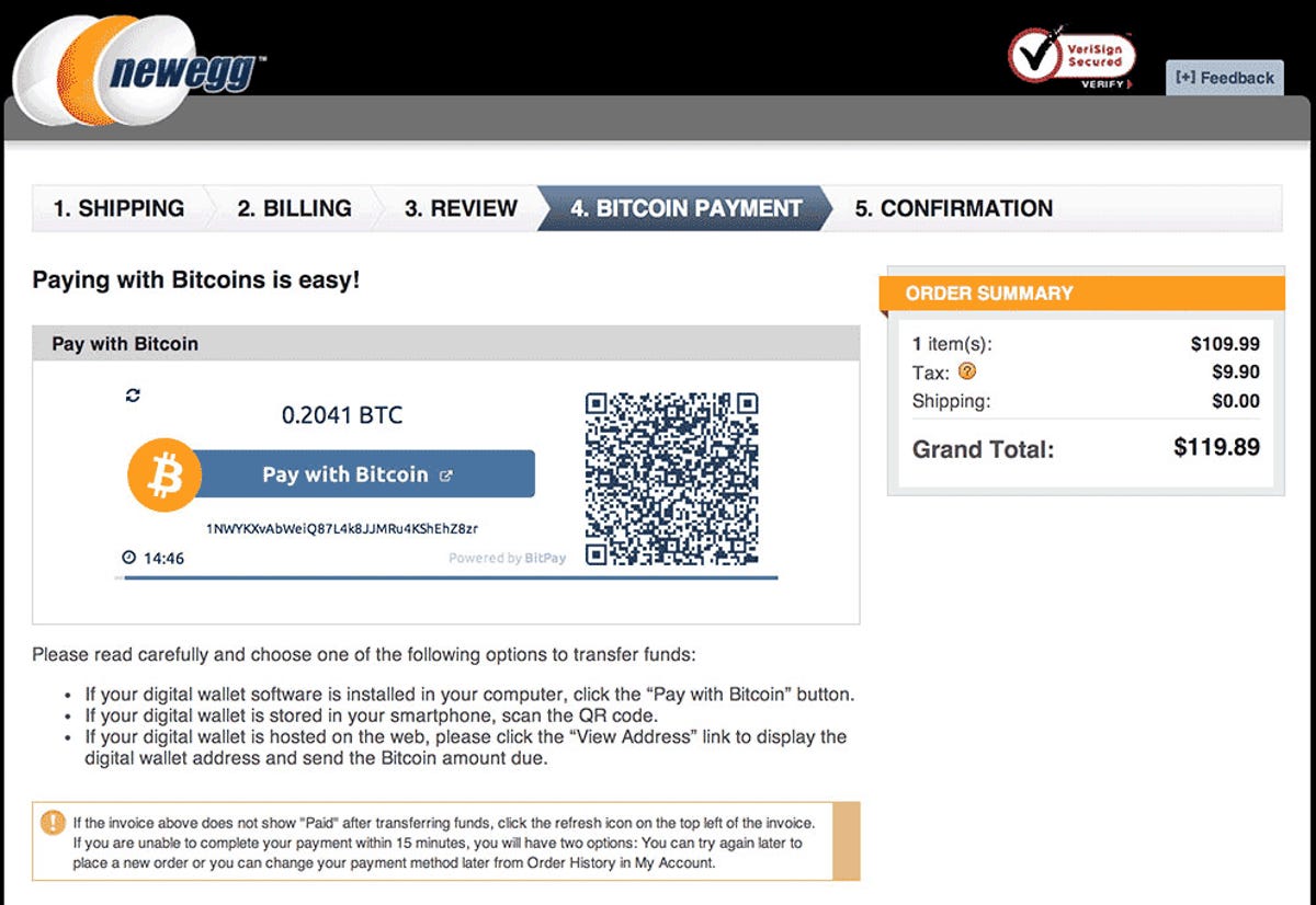 Newegg's bitcoin payment mechanism in action