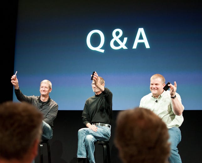Bob Mansfield, not iPhone hardware chief Mark Papermaster, joined Tim Cook and Steve Jobs during the iPhone 4 antenna press conference in June.