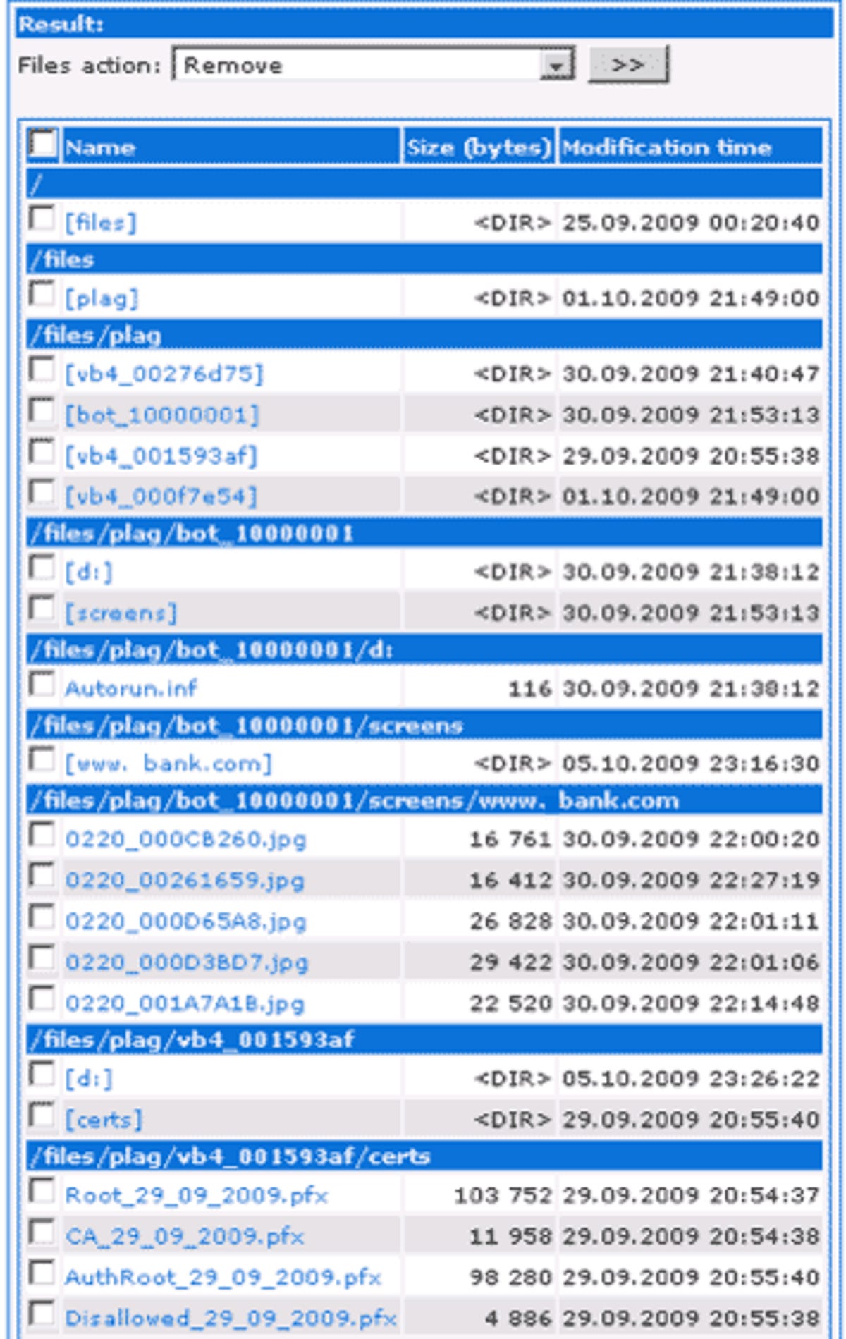 This screenshot, shown in a Microsoft declaration, shows an alleged Zeus botnet command-and-control server's control panel with a list of screenshots containing victims' login credential information.