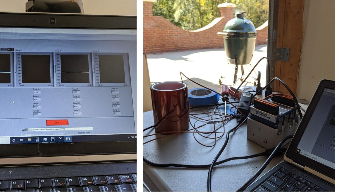 جهاز كمبيوتر وعش من الأسلاك يستخدمان لمراقبة درجات الحرارة أثناء الاختبارات. 