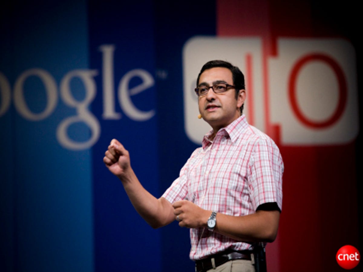 Google's Vic Gundotra, vice president of engineering, speaks Wednesday to the I/O crowd.